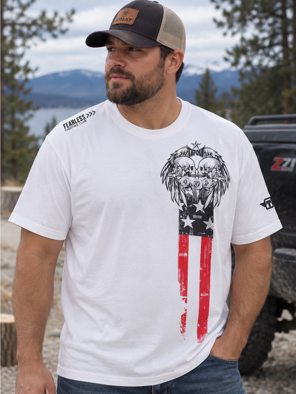 Tapout White Short-Sleeve Tee with Black Skull and Red Flag Stripe Graphic